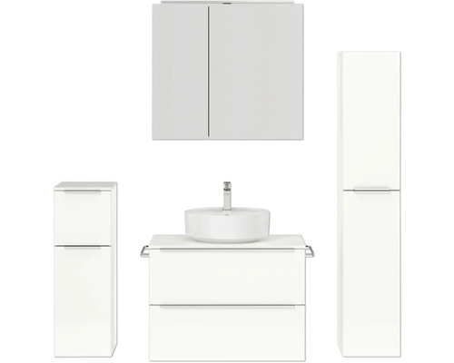 Set de meubles de salle de bains NOBILIA Programm 3 lxhxp 160 x 169,1 x 48,7 cm couleur de façade blanc haute brillance avec vasque à poser et armoire de toilette à 2 porte avec éclairage LED meuble bas armoire midi barre de prise chrome mat 418