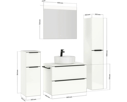 Ensemble de meubles de salle de bains avec meuble-lavabo, vasque, armoire de toilette et armoire haute avec dimensions