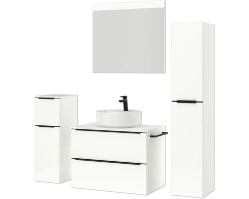 Ensemble de salle de bains avec meuble-lavabo, vasque à poser, armoire de toilette et armoire haute