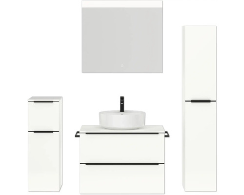 Badmöbel-Set NOBILIA Programm 3 BxHxT 160 x 169,1 x 48,7 cm Frontfarbe weiß hochglanz mit Aufsatz-Waschtisch weiß und Spiegel mit LED-Beleuchtung Midischrank Unterschrank Griffleiste schwarz 411 Badezimmerset mit Waschtisch, Waschbecken, Spiegelschrank und Hochschrank