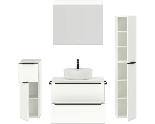 Ensemble de salle de bains avec meuble-lavabo, vasque, armoire de toilette et armoire haute