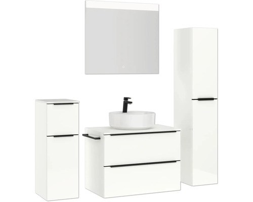 Ensemble de salle de bains avec meuble-lavabo, vasque à poser, armoire de toilette et armoire haute pour une ambiance claire et moderne
