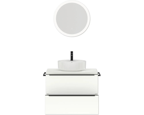 Waschtisch mit Aufsatzwaschbecken, Unterschrank und rundem Spiegel mit Beleuchtung