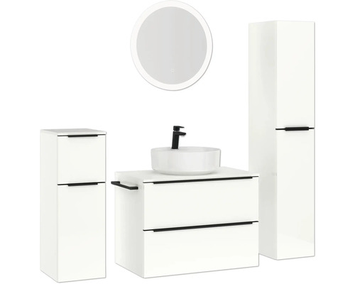 Badezimmer-Set mit Waschtischunterschrank, Aufsatzwaschbecken, Spiegelschrank und Hochschrank