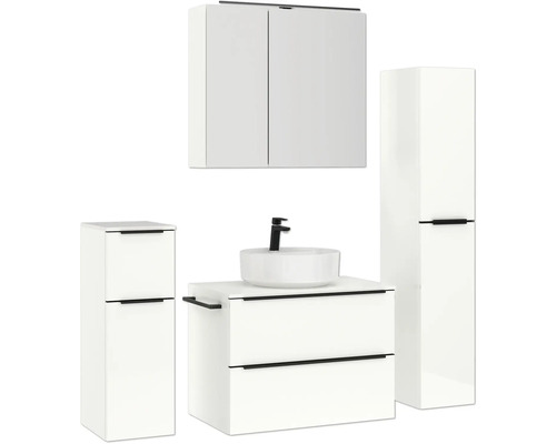 Badezimmerensemble mit Waschtisch, Waschtischunterschrank, Spiegelschrank und Hochschrank