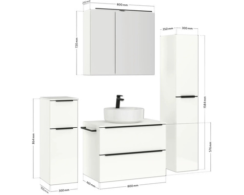 Badezimmermöbelset mit Waschtischunterschrank, Waschbecken, Spiegelschrank und Hochschrank mit Maßangaben