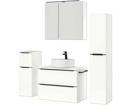 Badezimmersatz mit Waschtisch, Aufsatzwaschbecken, Spiegelschrank und Hochschrank
