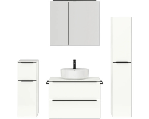 Badmöbel-Set NOBILIA Programm 3 BxHxT 160 x 169,1 x 48,7 cm Frontfarbe weiß hochglanz mit Aufsatz-Waschtisch und Spiegelschrank 2-türig mit LED-Beleuchtung Unterschrank Midischrank Griffleiste schwarz Badezimmerset mit Waschtisch, Waschbecken, Spiegelschrank und Hochschrank