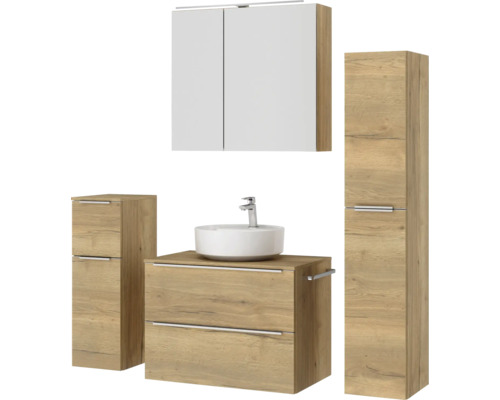 Ensemble de salle de bains avec meuble-lavabo, vasque à poser, armoire de toilette et armoires hautes