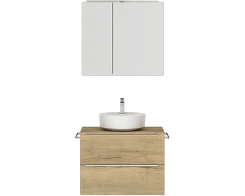 Badmöbel-Set NOBILIA Programm 3 BxHxT 81 x 169,1 x 48,7 cm Frontfarbe eiche natur mit Aufsatz-Waschtisch und Spiegelschrank 2-türig mit LED-Beleuchtung Griffleiste chrom matt 398 Waschtischkombination mit Aufsatzwaschbecken und Spiegelschrank für das Badezimmer