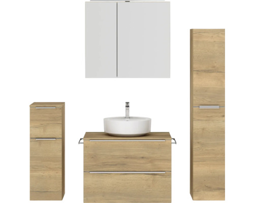 Set de meubles de salle de bains NOBILIA Programm 3 lxhxp 160 x 169,1 x 48,7 cm couleur de façade chêne naturel avec vasque à poser et armoire de toilette à 2 portes avec éclairage LED meuble bas armoire midi barre de prise chrome mat 422