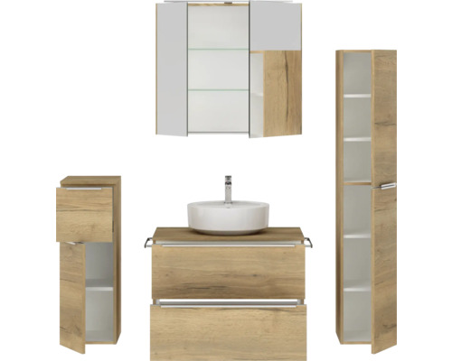 Ensemble de salle de bains avec meuble-lavabo, vasque à poser, armoire de toilette et armoire haute