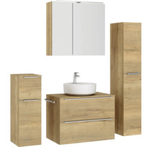 Badezimmerensemble mit Waschtisch, Aufsatzwaschbecken, Spiegelschrank und Hochschränken