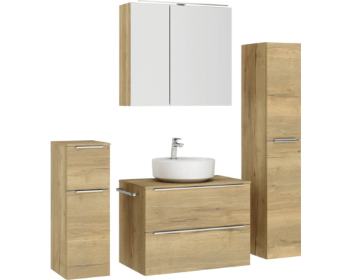 Ensemble de salle de bains avec meuble-lavabo, vasque à poser, armoire de toilette et armoires hautes