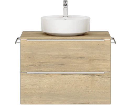 Badmöbel-Set NOBILIA Programm 3 BxHxT 81 x 59,1 x 48,7 cm Frontfarbe eiche natur mit Aufsatz-Waschbecken weiß Griffleiste chrom matt 382 Waschtisch mit Aufsatzwaschbecken und zwei Schubladen