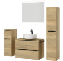 Badezimmermöbelset mit Waschtisch, Waschbecken, Spiegelschrank und Hochschrank in Holzoptik