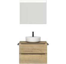 Badmöbel-Set NOBILIA Programm 3 BxHxT 81 x 169,1 x 48,7 cm Frontfarbe eiche natur mit Aufsatz-Waschtisch weiß und Spiegel mit LED-Beleuchtung Griffleiste schwarz 391