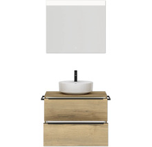 Badmöbel-Set NOBILIA Programm 3 BxHxT 81 x 169,1 x 48,7 cm Frontfarbe eiche natur mit Aufsatz-Waschtisch weiß und Spiegel mit LED-Beleuchtung Griffleiste schwarz 391