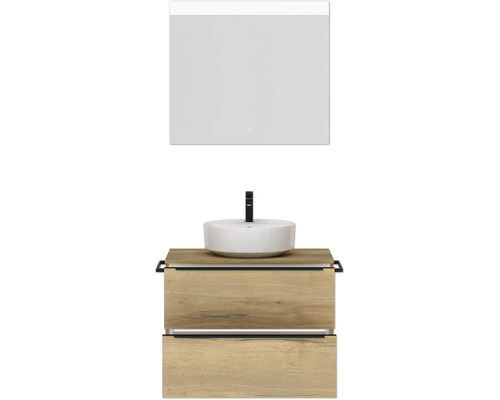 Badezimmerensemble mit Waschtischunterschrank, Aufsatzwaschbecken und Spiegel