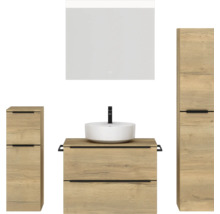 Badezimmer-Set mit Waschtisch, Aufsatzwaschbecken, Spiegelschrank und zwei Hochschränken in Holzoptik