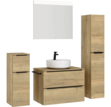 Badezimmer-Set mit Waschtisch, Aufsatzwaschbecken, Spiegelschrank und Hochschränken im Holzdesign