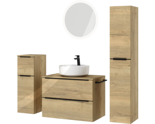 Ensemble de salle de bains avec meuble-lavabo, vasque, armoire de toilette et armoire haute