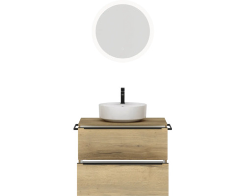 Meuble-lavabo avec lavabo à poser et miroir rond avec éclairage