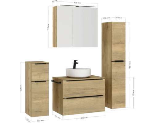 Badezimmermöbelset mit Waschtisch, Aufsatzwaschbecken, Spiegelschrank und Hochschrank mit Maßangaben