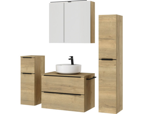 Badezimmer-Möbelset mit Waschtisch, Waschbecken, Spiegelschrank und Hochschrank