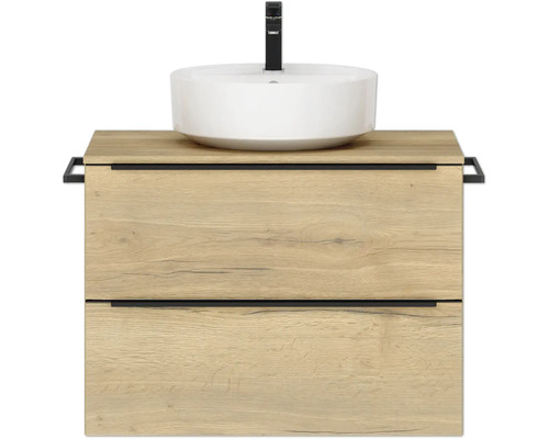 Badmöbel-Set NOBILIA Programm 3 BxHxT 81 x 59,1 x 48,7 cm Frontfarbe eiche natur mit Aussatz-Waschbecken weiß Griffleiste schwarz 383 Waschtisch mit zwei Schubladen, Aufsatzwaschbecken und Armatur