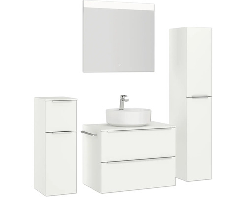 Ensemble de salle de bains avec meuble sous-lavabo, vasque à poser, armoire de toilette et armoire haute