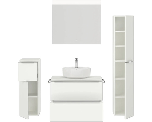 Ensemble de salle de bains avec meuble-lavabo, miroir, vasque et armoires hautes