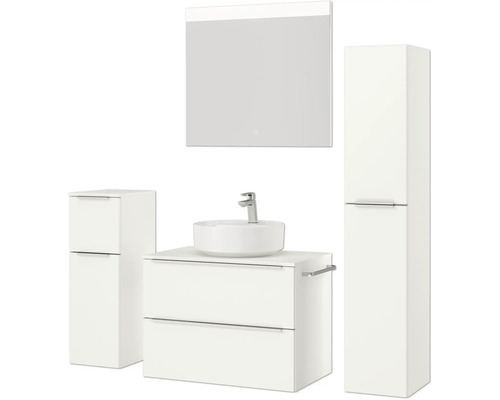 Ensemble de salle de bains avec meuble-lavabo, vasque à poser, armoire de toilette et armoires hautes