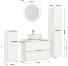 Badezimmerensemble mit Waschtisch, Spiegel und Hochschrank mit Maßangaben