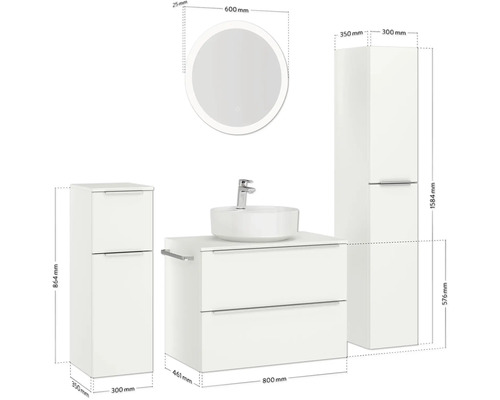 Ensemble de salle de bains avec lavabo, miroir et armoire haute avec dimensions