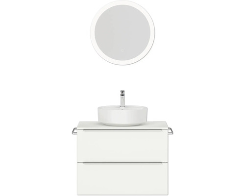 Badmöbel-Set NOBILIA Programm 3 BxHxT 81 x 169,1 x 48,7 cm Frontfarbe weiß matt mit Aufsatz-Waschtisch weiß und Spiegel rund mit LED-Beleuchtung Griffleiste chrom matt 400 Badezimmerensemble mit rundem Spiegel, Aufsatzwaschbecken und Unterschrank