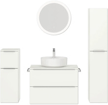Modernes Badezimmer-Set mit Waschtisch, Aufsatzwaschbecken, Spiegelschrank und Hochschrank für eine stilvolle Badezimmergestaltung.