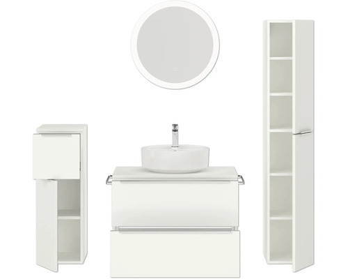 Ensemble de salle de bains moderne avec meuble sous-lavabo, vasque à poser, armoire de toilette et armoire haute