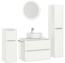 Weißes Badezimmerset mit Waschtisch, Waschbecken, Spiegelschrank und Hochschrank