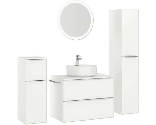Ensemble de salle de bains blanc avec meuble-lavabo, lavabo, armoire de toilette et armoire haute