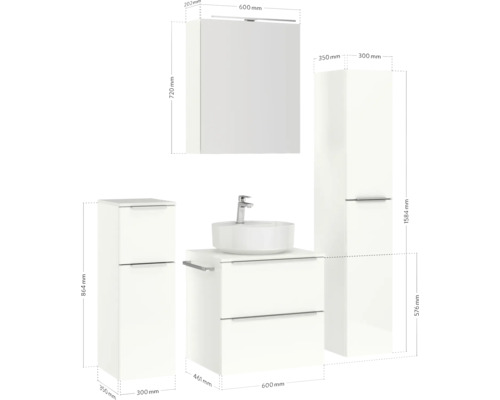 Ensemble de salle de bains avec lavabo, meuble sous-lavabo, armoire de toilette et armoire haute avec dimensions