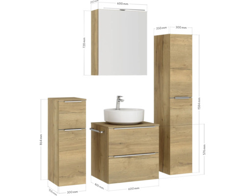 Ensemble de meubles de salle de bains avec armoire de toilette, meuble sous-lavabo et armoire haute avec dimensions