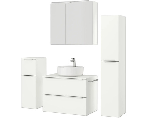 Badezimmerensemble mit Waschtisch, Aufsatzwaschbecken, Spiegelschrank und Hochschrank