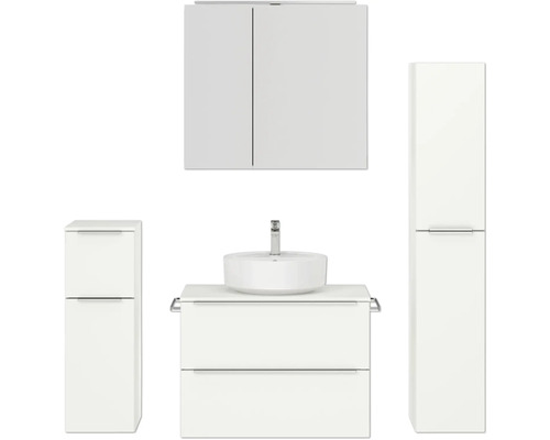 Set de meubles de salle de bains NOBILIA Programm 3 lxhxp 160 x 169,1 x 48,7 cm couleur de façade blanc mat avec vasque à poser et armoire de toilette à 2 portes avec éclairage LED meuble bas armoire midi barre de prise chrome mat 416