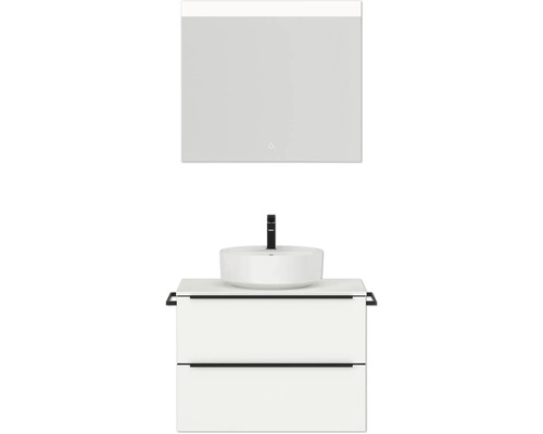 Badmöbel-Set NOBILIA Programm 3 BxHxT 81 x 169,1 x 48,7 cm Frontfarbe weiß matt mit Aufsatz-Waschtisch weiß und Spiegel mit LED-Beleuchtung Griffleiste schwarz 385 Badezimmer Waschtischkombination mit Aufsatzwaschbecken, Unterschrank und beleuchtetem Spiegel