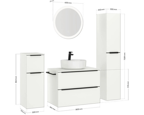 Ensemble de salle de bains avec meuble sous-lavabo, vasque à poser, armoire de toilette et armoire haute avec dimensions