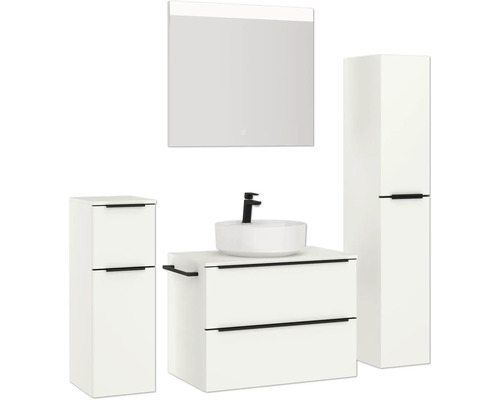 Ensemble de salle de bains complet avec meuble-lavabo, miroir, lavabo et armoire haute