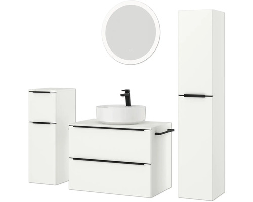 Ensemble de salle de bains avec lavabo, meuble sous-vasque, armoire de toilette et armoire haute