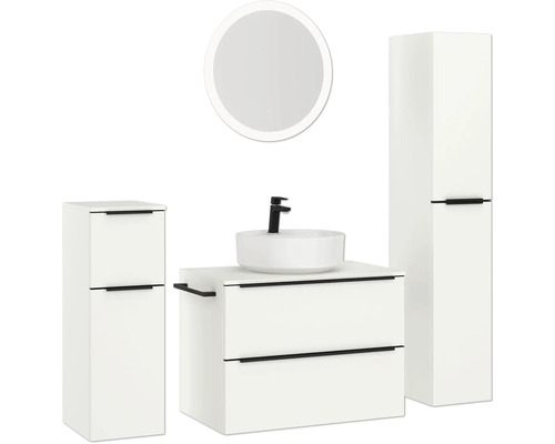 Ensemble de salle de bains avec meuble-lavabo, vasque à poser, robinet, armoire de toilette et armoire haute