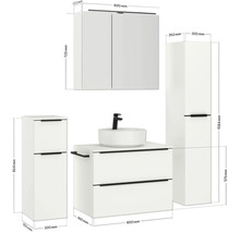 Badezimmer-Set mit Waschbecken, Unterschrank, Spiegelschrank und Hochschrank mit Maßangaben